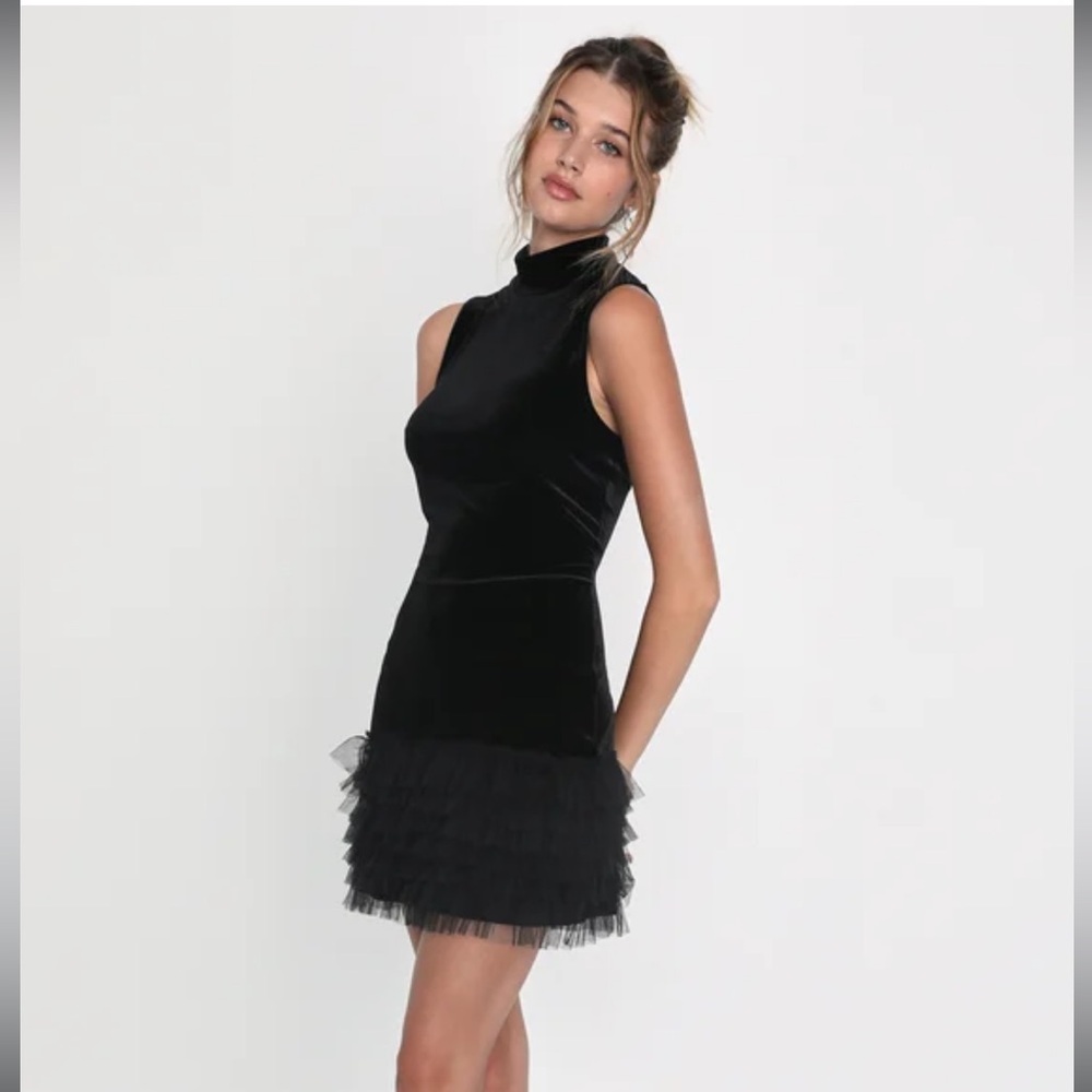 Lavish Objective Black Velvet Mock Neck Ruffled Mini Dress